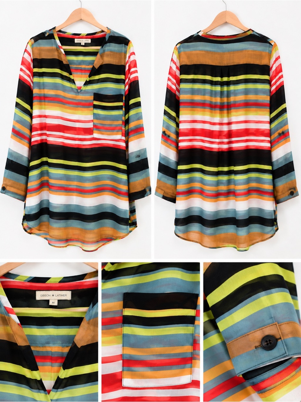 Gibson Latimer Multicolor Striped V-Neck Tunic — Brown, Blue, Red, Green, Orange